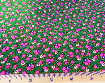 Denim Twill Pink, Purple and White Flowers on Green - BTY- By the Yard