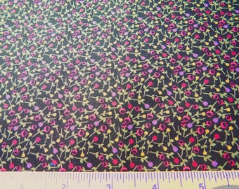 Red, Purple and Yellow Flower Buds with Green Stems on a Black Background. Very Nice Quilting Fabric - BTY- By the Yard