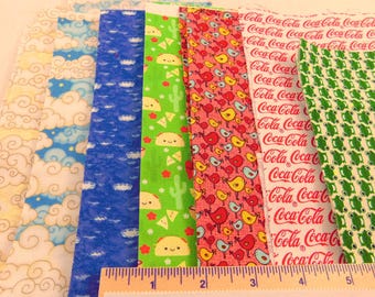 7 different remnants enough to make approximately 26 face masks or other craft. White, Blue and Purple Clouds, Tacos, Birds, Cola and Frogs.