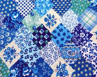 1970s Faux Patchwork Fabric - A VIP Print Cranston Printworks Company in Diamond size 1.5"x 1"  VHTF in Blue and Navy BTY - By the Yard
