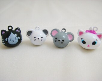 Cat and Mouse Collection - 4 Pieces - 1 Black Cat, 1 White Mouse, 1 Grey Mouse, 1 White Cat Animal Jingle Bell Charms
