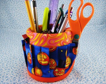 Mug Coffee Cup Apron Cover for Desk Organizing-Halloween Scary Orange Pumpkin on Royal Blue for Office Supplies, Keys, Spare Change and More