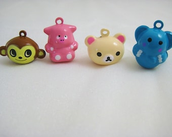 Jungle Collection - 4 Pieces - 1 Brown Monkey, 1 Pink Hippo, 1 Cream Bear, 1 Blue Elephant Animal Jingle Bell Charms