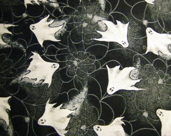 Springs Industries Springs Living Fiery Ghosts Halloween Fabric 1 yd x 44"  Cute White Ghosts on Black with Grey Spiders and Webs #6961