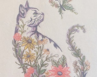 Cat Hand Towel - Wildflower Cat & Butterfly - Embroidered