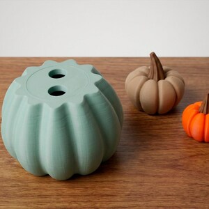 May include: A collection of decorative pumpkins in various sizes and colors. A large, light green pumpkin-shaped container with two holes sits next to a tan and an orange pumpkin. The pumpkins are on a wooden surface.
