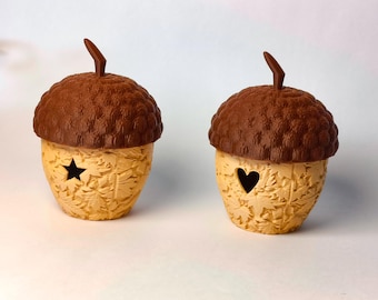 STL 3D Print File Acorn Gift Box & LED Lantern | Heart and Star Cutouts | Leaf Texture Fall Autumn Decor | 3MF Digital Download