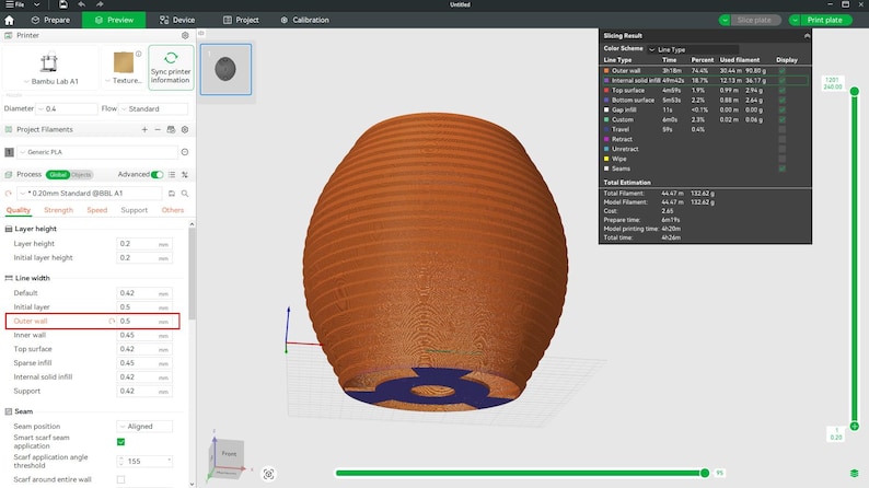 May include: A 3D model of a brown, ribbed, egg-shaped object with a blue base, displayed on a computer screen. The screen shows slicing software settings, including layer height and line width. The object is likely for 3D printing.