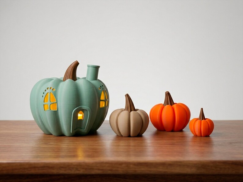 May include: A collection of decorative pumpkin figurines in various sizes and colors. The largest is a teal pumpkin-shaped house with windows and a chimney. Other pumpkins are tan and orange, with brown stems. The pumpkins are displayed on a wooden surface.