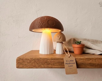 May include: A mushroom-shaped lamp with a brown cap and a white base, emitting a warm glow. A smaller mushroom-shaped decoration with a heart is next to it. A small terracotta pot with a succulent and a tag that says "A Little Mushroom Love" are also present.
