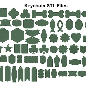 May include: A collection of dark green keychain shapes in various geometric, organic, and novelty forms, each featuring a small hole for attachment. The image is titled Keychain STL Files and displays numerous flat, silhouette-style designs.