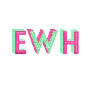 Op de afbeelding: De letters E, W en H zijn weergegeven in een driedimensionale blokstijl. De voorzijden van de letters zijn felroze met een gestructureerd patroon, terwijl de zijpanelen een effen licht muntgroene kleur hebben voor een diepte-effect.