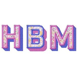 Może przedstawiać: Haftowane litery HBM w stylu 3D. Litery są obrysowane na niebiesko z różowym cieniem. Litery wypełnione są kwiatowym wzorem w kolorze różowym, żółtym i białym.