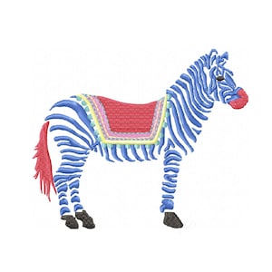 May include: A blue and white embroidered zebra with a red saddle and tail. The zebra has a red nose and black hooves. The saddle is decorated with pink, yellow, and blue trim. The image is on a white background.