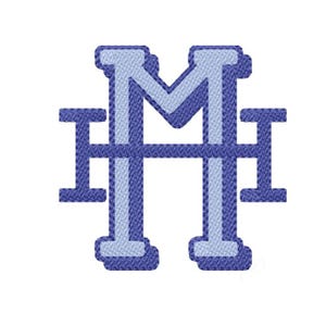 May include: Embroidered monogram featuring the letters "M" and "H" in a connected design. The letters are in a denim-like blue with a lighter blue outline, set against a white background. This design is suitable for personalization.