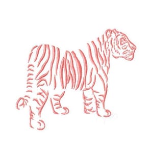 May include: A light pink embroidered tiger design featuring a side profile of the animal. The tiger is depicted with a series of vertical stripes that define its form, with the head facing right and the tail curled slightly at the bottom.