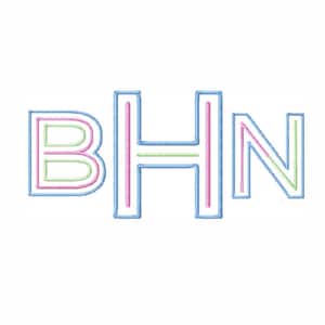May include: The letters B, H, and N are displayed in a block font style. Each letter features a light blue outline, with internal details in alternating light pink and light green colors, creating a decorative monogram design.