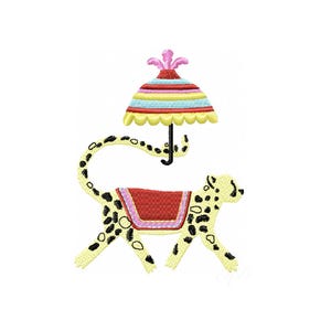 May include: An embroidered design featuring a stylized cheetah walking under a colorful umbrella. The cheetah is yellow with black spots and a red saddle. The umbrella has a striped pattern in various colors.