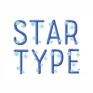 May include: Blue embroidered text spelling "STAR TYPE" with light blue snowflake accents. The letters are in a sans-serif font, and the snowflakes are evenly spaced around the letters. The background is white.