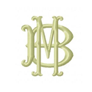 Pode incluir: Um monograma bordado em verde claro com as letras entrelaçadas "J", "M" e "B". O design tem um estilo clássico e ornamentado com serifa curvas e um adorno decorativo.