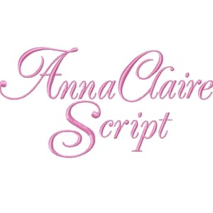 May include: Pink script text on a white background. The text reads "Anna Claire Script" in a flowing, elegant font. The letters are a soft, feminine pink, and the overall design is simple and clean.