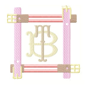 May include: Embroidered design featuring the letters "MB" in a light beige color, centered within a pink rectangular frame. The frame has light beige woven accents and yellow buckle details, creating a decorative monogram.