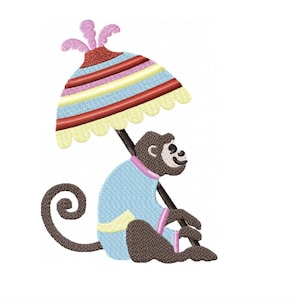 May include: An embroidered design of a monkey holding a striped umbrella. The monkey is brown with a light blue outfit and a pink collar. The umbrella has red, yellow, and blue stripes with a scalloped edge and a pink and red top.