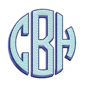 May include: A light blue embroidered monogram with the letters CBH in a circular design. The letters are in a sans-serif font and have a textured appearance, with a darker blue outline. The background is white.