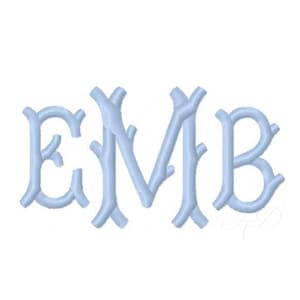 May include: Light blue embroidered monogram letters E, M, and B, in a decorative font. The letters have a twig-like design, with a white background. The letters are in a serif font.