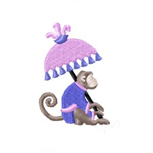 May include: An embroidered design of a monkey wearing a blue jacket and holding a pink parasol with blue tassels. The monkey has a light brown face and a curled tail. The parasol has a decorative feather detail.