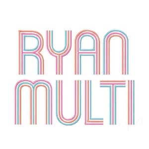 May include: The word "RYAN MULTI" is displayed in a retro font. The letters are multi-colored, with a layered effect of pink, orange, and blue. The design is set against a clean white background.
