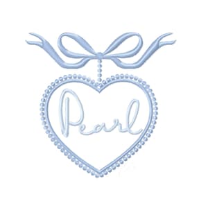 May include: A light blue heart-shaped design with the word "Pearl" in cursive script. The heart is outlined with small beads and is suspended from a light blue bow. The design is on a white background.