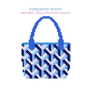 May include: A blue and white cross-stitch tote bag with a geometric pattern. The bag has a matching blue handle and the text "HERRINGTON DESIGN PRINTABLE Hand STITCHED DESIGNS" at the top.