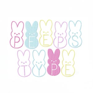 May include: Embroidered design featuring the word "PEEPS TYPE" spelled out with bunny-shaped letters in pastel colors. The bunnies are pink, blue, and yellow, with embroidered details on a white background.