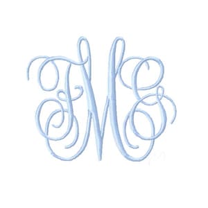 May include: A light blue embroidered monogram featuring the letters T, M, and S in a decorative, interconnected script font. The design consists of swirling, cursive lines that form a cohesive, stylized emblem with a textured, stitched appearance.