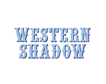 May include: The text WESTERN SHADOW is displayed in a light blue, serif-style font with a dark blue drop shadow effect. The letters are arranged in two lines, with WESTERN on the top and SHADOW on the bottom, set against a plain white background.