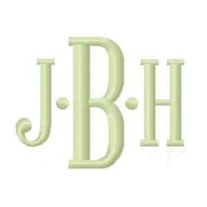 May include: A light green monogram design featuring the letters J, B, and H. The letters are in a serif font, with the letter B in the center and the letters J and H on either side. Small circles are between the letters.