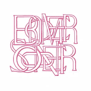 May include: Pink, stylized text on a white background. The text is in a decorative, intertwined font, spelling out the word "BORDER". The letters are connected and overlapping, creating a unique design.