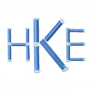 May include: Embroidered design spelling out the word "HIKE" in blue thread on a white background. The letters are stylized, with a cylindrical design and white accents at the ends of each letter.