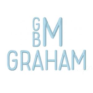 May include: Light blue text on a white background spells out the name "GRAHAM" with the initials "G B M" above it. The letters are in a simple, rounded font, creating a clean and modern design.