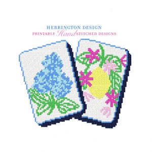 May include: Two printable hand-stitched designs from Herrington Design. One features a blue hydrangea, the other a yellow lemon surrounded by pink flowers and green vines. Both designs have a white background and a dark blue border.