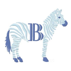 May include: An embroidered design of a zebra in shades of light blue and navy blue. The zebra's stripes are light blue, and the letter "B" is incorporated into the zebra's body. The zebra is standing on a white background.