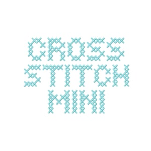 May include: The text CROSS STITCH MINI is rendered in a light blue colour, with each letter constructed from a series of interconnected X-shaped stitches that mimic the appearance of traditional needlework embroidery on a plain white background.