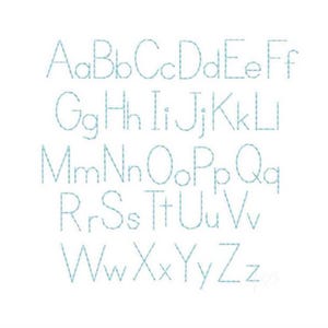 May include: A complete alphabet in uppercase and lowercase letters, rendered in a light blue stitched style. The letters are evenly spaced and presented against a clean white background, ideal for embroidery or crafting projects.