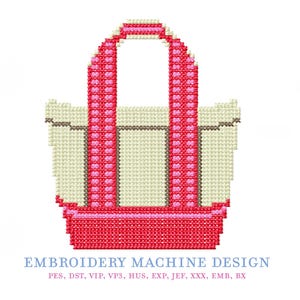May include: A pixelated illustration of a tote bag. The bag features a red base and handles, with a pink and red striped pattern on the handles. The body of the bag is off-white. The text "EMBROIDERY MACHINE DESIGN" is below the bag.