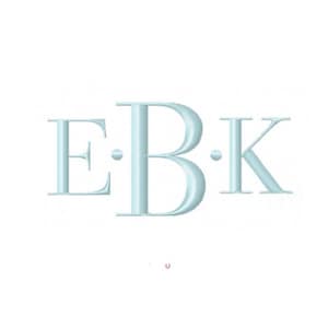 May include: Light blue monogram featuring the letters E, B, and K in a classic serif font. The letters are evenly spaced and have a subtle, textured appearance, perfect for personalized items.
