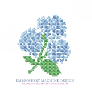 May include: A cross-stitch design of a hydrangea flower in shades of blue, green stem and leaf, on a white background. The text "EMBROIDERY MACHINE DESIGN" is below the flower, along with file type abbreviations.