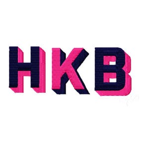 May include: Embroidered monogram showing the letters HKB in a 3D style. The letters are navy blue with a bright pink outline, set against a white background. The design has a bold, modern aesthetic.
