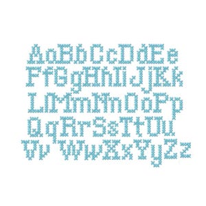 May include: A complete alphabet in uppercase and lowercase letters, rendered in a cross-stitch style. The letters are a light blue color and are displayed against a white background. The design is suitable for embroidery projects.