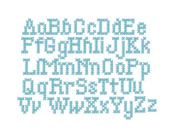 May include: A complete alphabet in uppercase and lowercase letters, rendered in a cross-stitch style. The letters are a light blue color and are displayed against a white background. The design is suitable for embroidery projects.